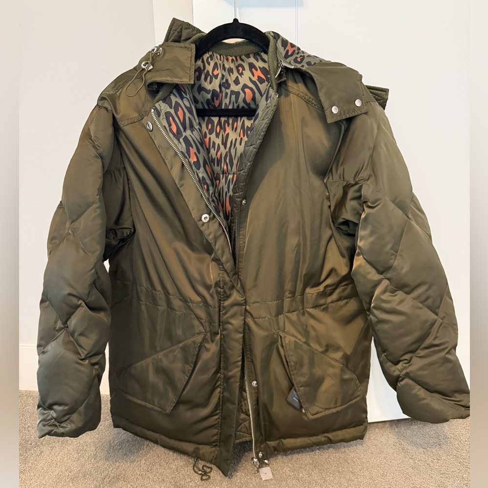 SANDRO Starman Reversible Green Leopard Puffer Parka 36